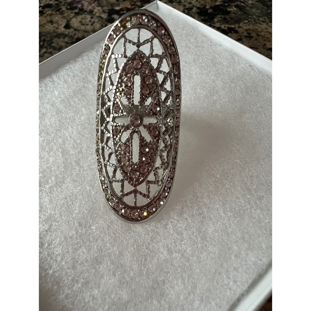 Silver Tone Pink Rhinestone Filigree Oval Shield Statement Cocktail Ring